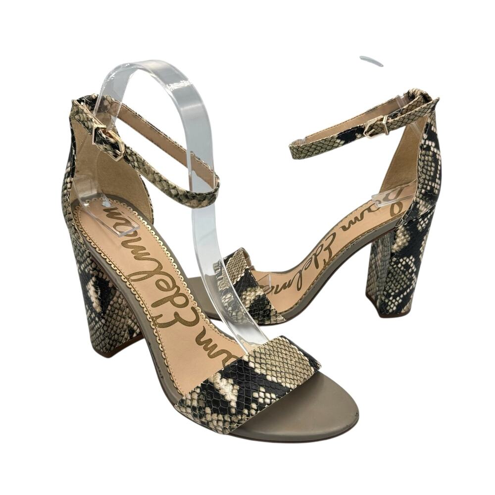 Sam Edelman Yaro Taupe Snakeskin Python Leather Block Heel Ankle Strap Sandals